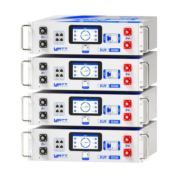 4pcs of WattCycle 48V 100Ah 3U Size Server Rack LiFePO4 Battery with Bluetooth