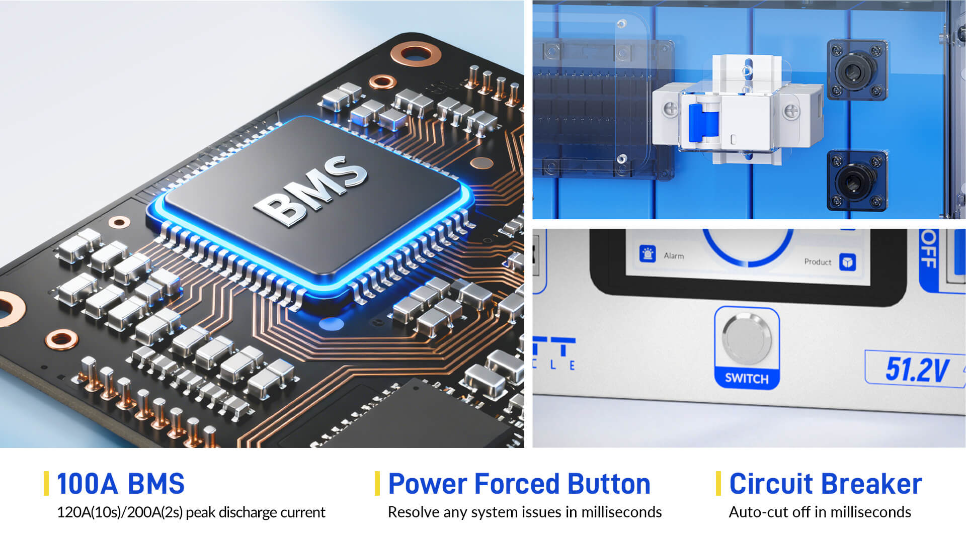 Advanced 100A BMS of WattCycle 48V 100Ah 3U Server Rack Battery with Bluetooth Gen 2