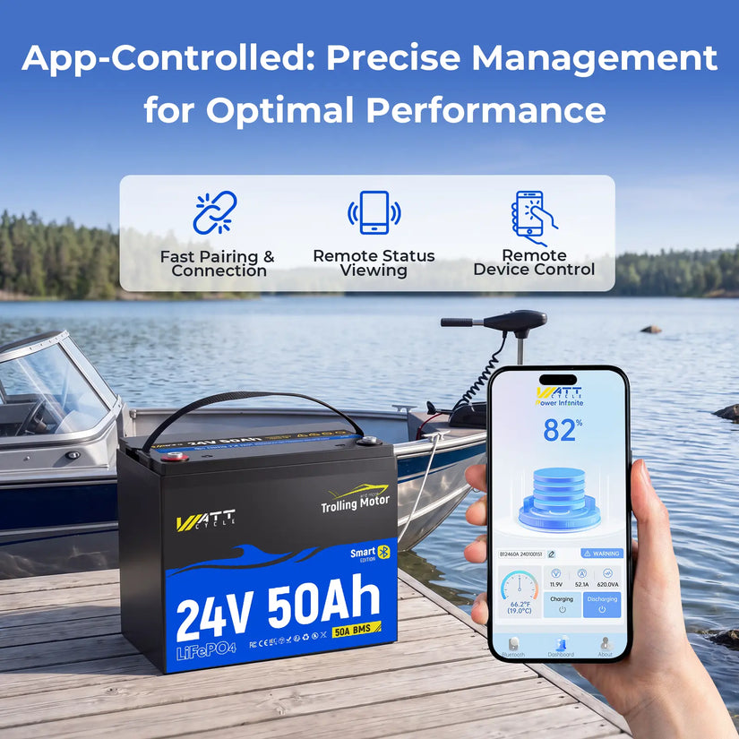 Bluetooth Feature of WattCycle 24V 50Ah Deep Cycle Marine Battery for Trolling Motor