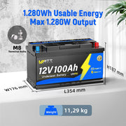 Dimensions of WattCycle 12V 100Ah Camper Leisure Battery with Bluetooth  DIN H8