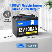 Dimensions of WattCycle 12V 100Ah Deep Cycle LiFePO4 Battery