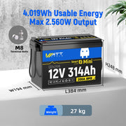 Dimensions of WattCycle 12V 314Ah Mini Bluetooth LiFePO4 Battery