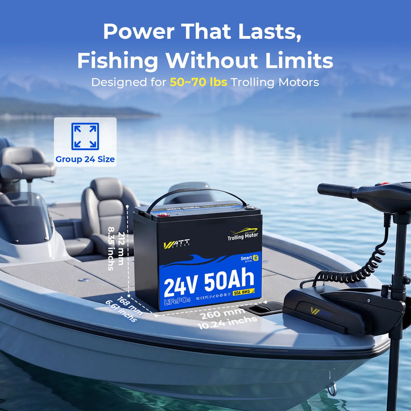 Group 24 Dimensions of WattCycle 24V 50Ah Deep Cycle Marine Battery for Trolling Motor