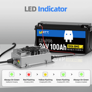 LED indicator of WattCycle 24V 15A Battery Charger for 24V LiFePO4 Battery​
