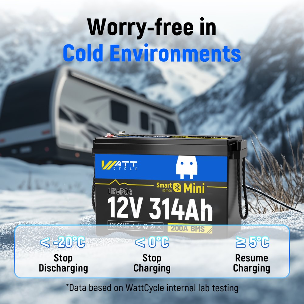 Low-temp cut-off protection of WattCycle 12V 314Ah Mini LiFePO4 Battery with Bluetooth