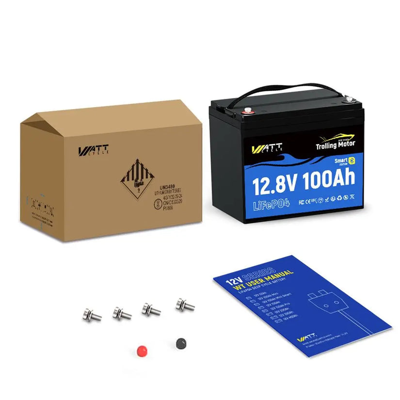 Package content of WattCycle 12V 100Ah deep cycle trolling motor battery