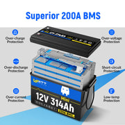 Powerful 200A BMS of WattCycle 12V 314Ah Mini Deep Cycle Lithium Battery