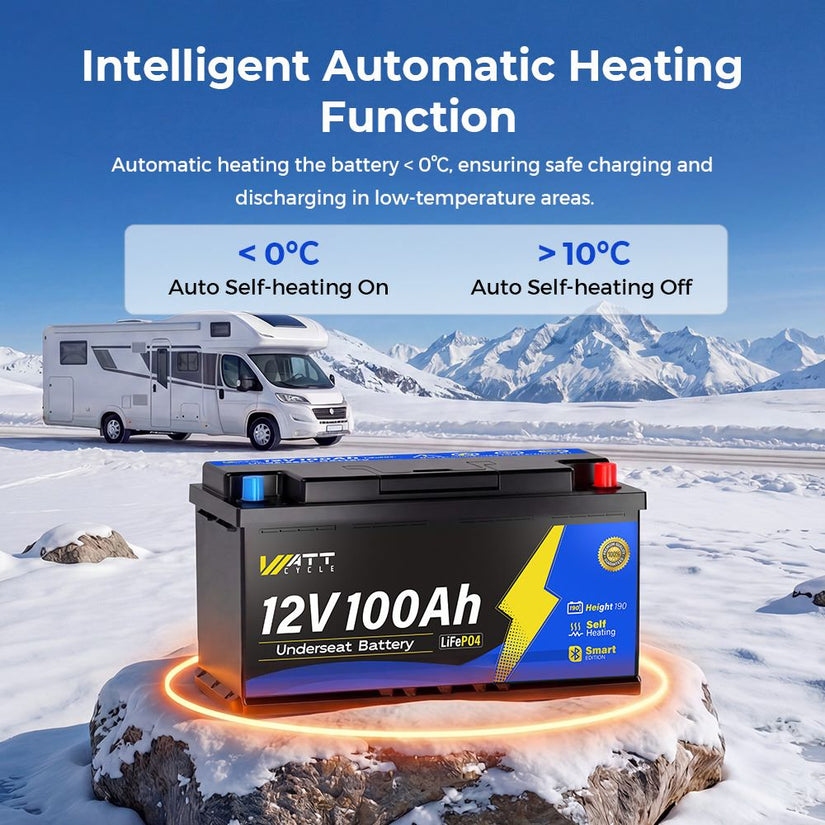 WattCycle 12V 100Ah Camper Underseat LiFePO4 Battery with Self-heating