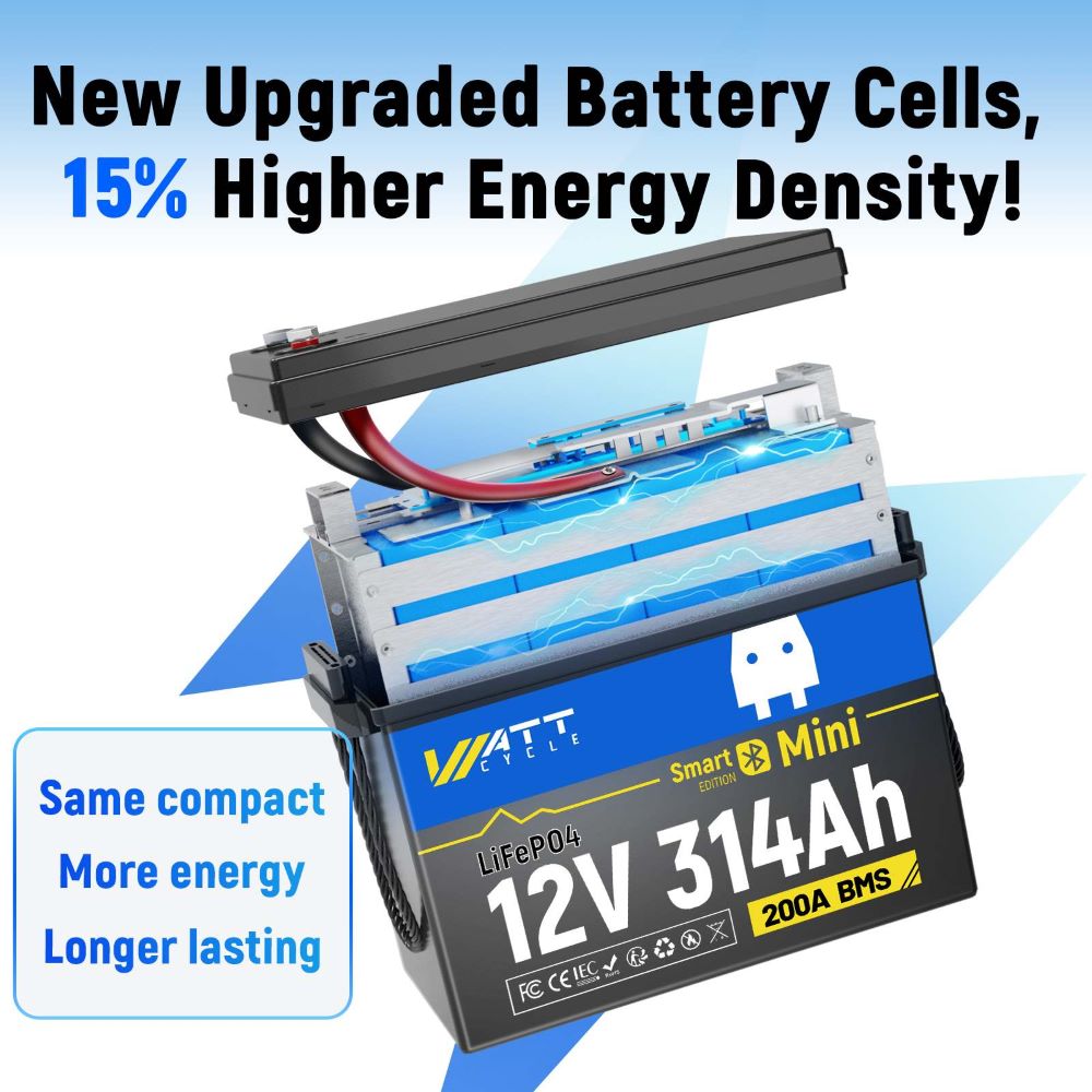 Upgraded Cells of WattCycle 12V 314Ah Mini LiFePO4 Battery with Bluetooth