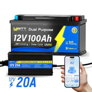 WattCycle 12V 100Ah Dual Purpose Marine Cranking Battery with 12V 20A Battery Charger