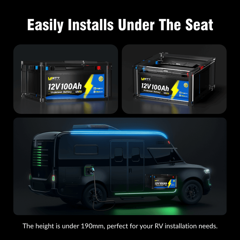 WattCycle 12V 100Ah Caravan Leisure Battery with Bluetooth can be installed under the RV seat easily