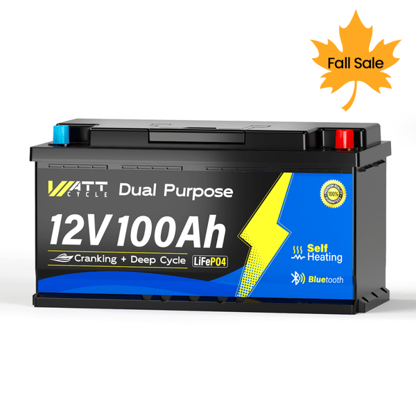 【🍁 Wyprzedaż jesienna, cena ostateczna 338,39 €】Akumulator morski WattCycle 12 V 100 Ah o podwójnym zastosowaniu z Bluetooth i funkcją samonagrzewania
