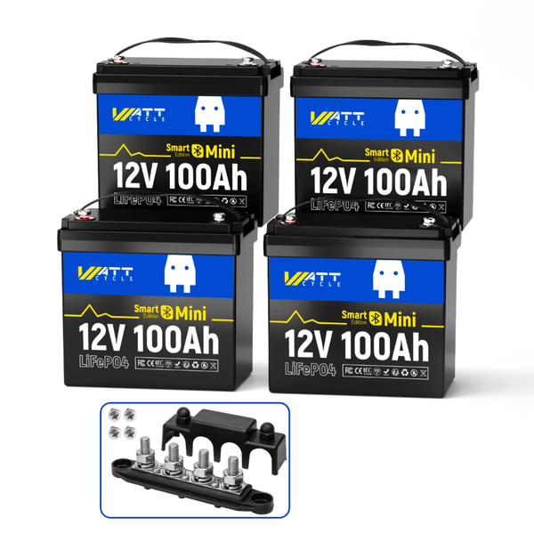 WattCycle 12V 100Ah Mini Bluetooth LiFePO4 battery with a busbar