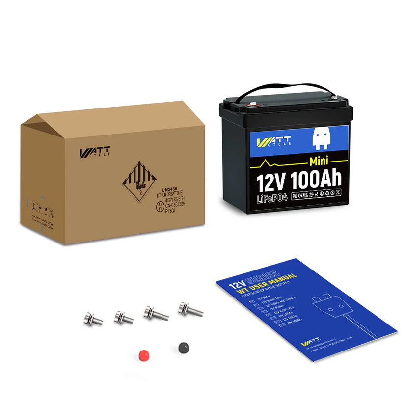 Package content of WattCycle 12V 100Ah Mini deep cycle battery