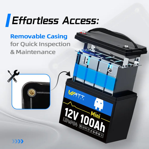 WattCycle 12V 100Ah Mini deep cycle battery with detachable design