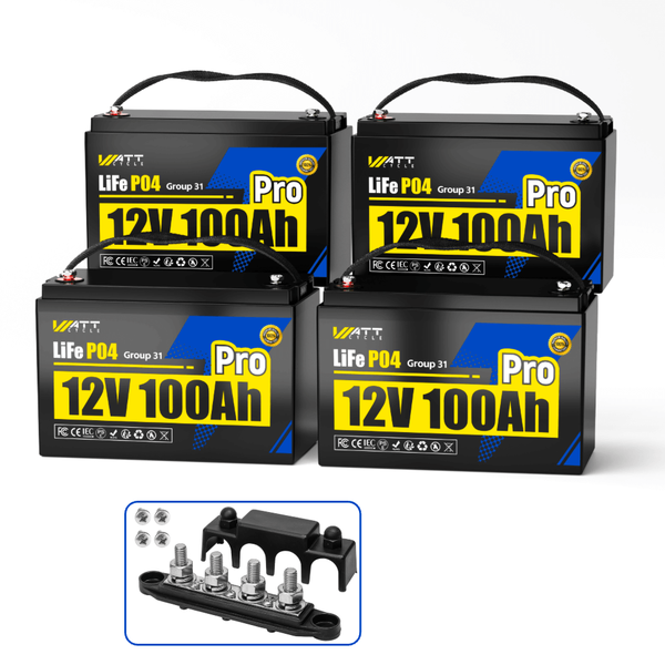 WattCycle 12V 100Ah Pro LiFePO4 battery with a busbar