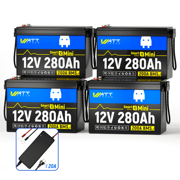 WattCycle 12V 280Ah Mini Bluetooth LiFePO4 battery 4 pack with a14,6V 20A charger