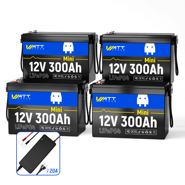 WattCycle 12V 300Ah(280Ah) Mini LiFePO4 battery 4 pack with a 14,6V 20A charger