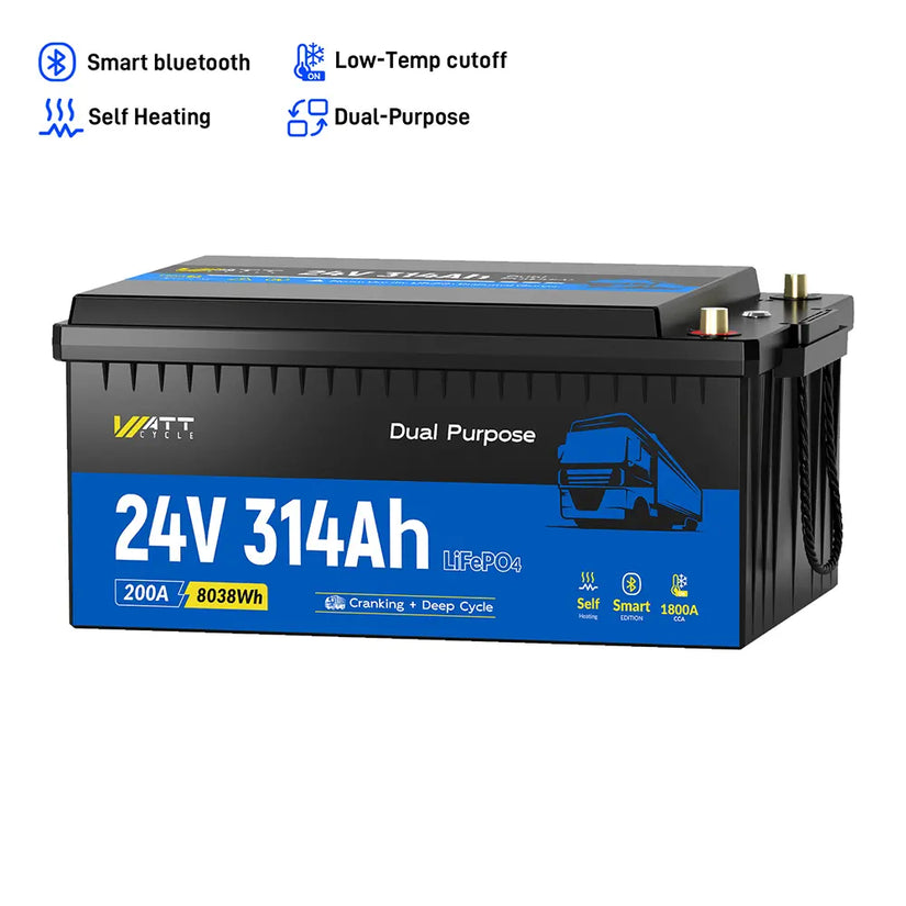 WattCycle 24V 314Ah Dual Purpose Truck Battery with Bluetooth & Self-heating