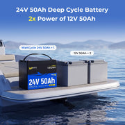 WattCycle 24V 50Ah Deep Cycle Marine Battery for Trolling Motor Compare with 2 x 12V 50Ah Batteries