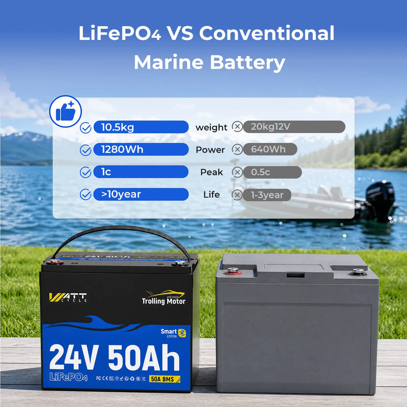 WattCycle 24V 50Ah Deep Cycle Marine Battery for Trolling Motor Compare with Lead-acid Battery