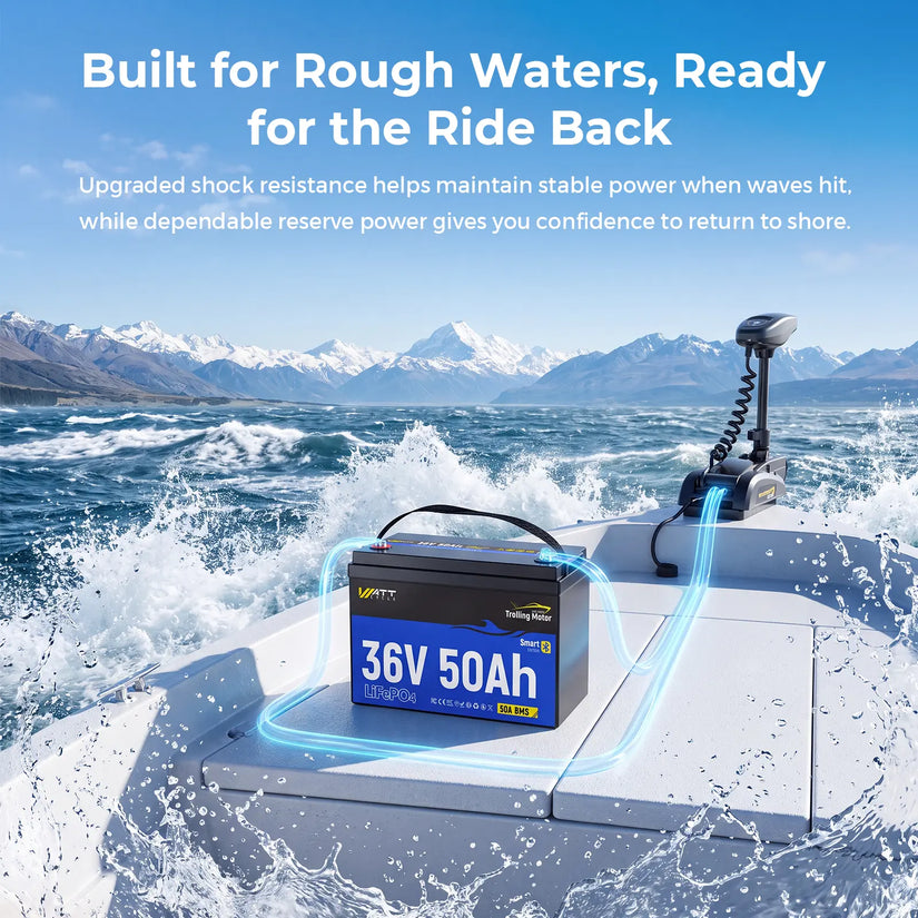 WattCycle 36V 50Ah Deep Cycle Marine Battery for Trolling Motor Built for Water