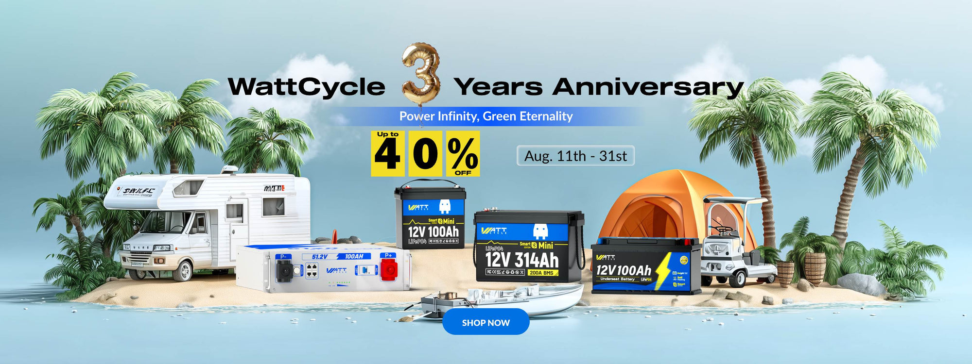 WattCycle 3rd Anniversary banner with shop now button