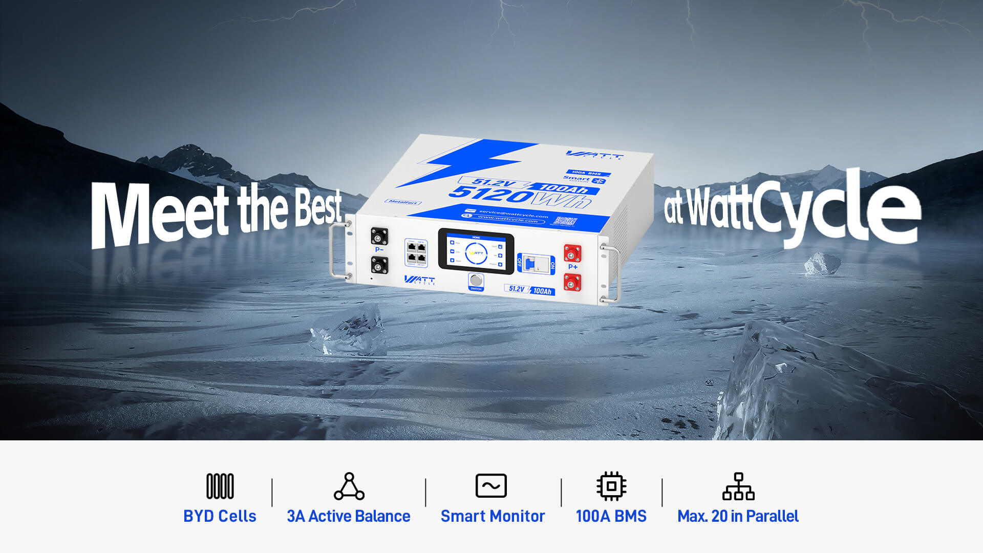 WattCycle 48V 100Ah 3U Server Rack Battery with Bluetooth Gen 2 with BYD cells, 3A active balance, LCD screen