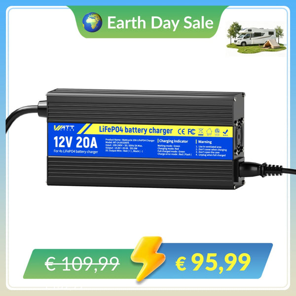 【🌍 Oferta del Día de la Tierra】Cargador de baterías WattCycle de 14,6 V y 20 A AC-DC LiFePO4 con carcasa de aluminio