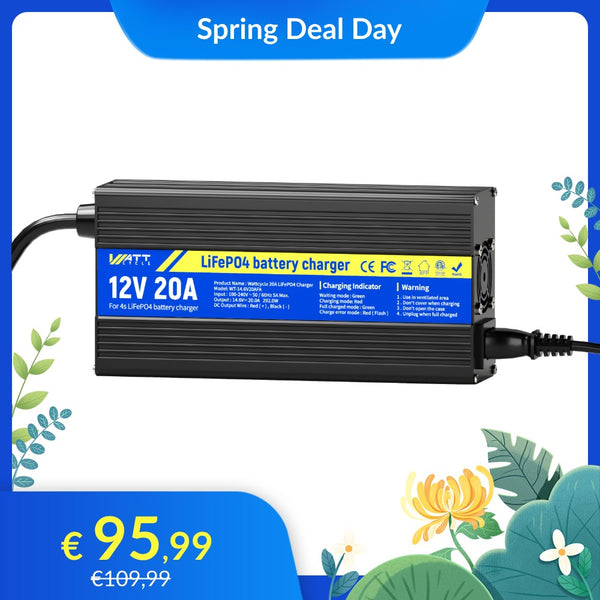 【🌸 Forårstilbud】WattCycle 14.6V 20A AC-DC LiFePO4 batterioplader med aluminiumsskal