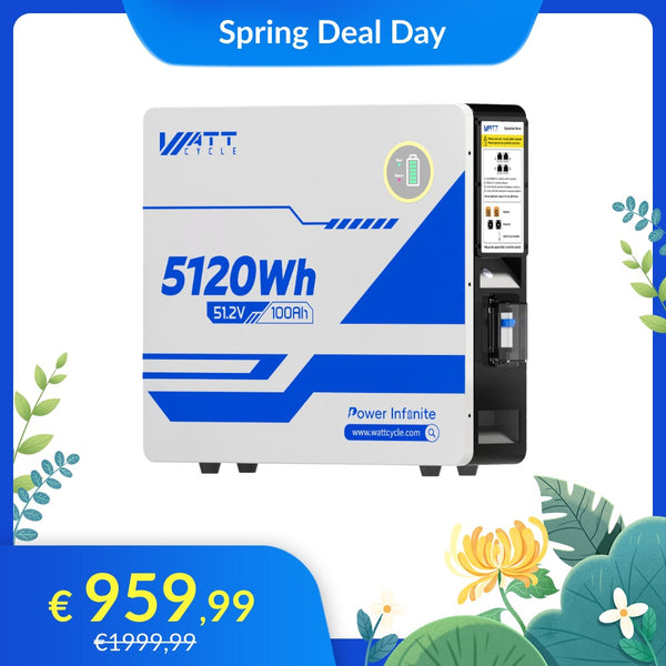 【🌸 Forårstilbud】WattCycle 48V (51.2V) 100Ah vægmonteret LiFePO4-batteri med Bluetooth