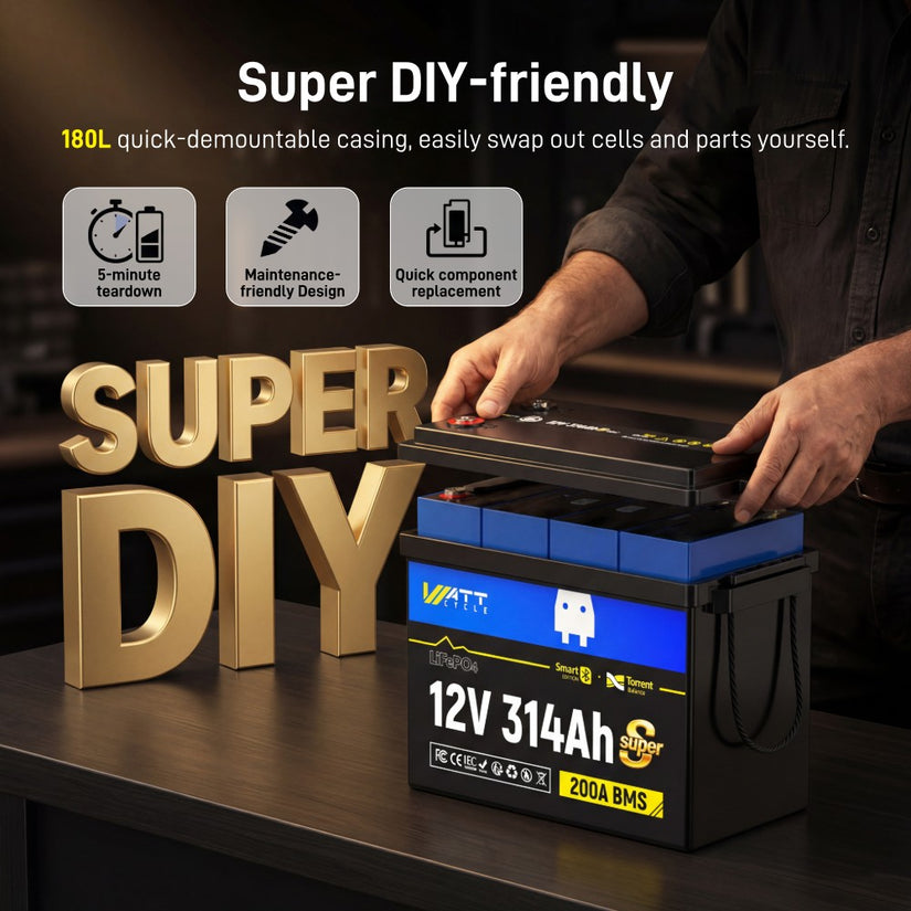 With a removable top cover WattCycle 12V 314Ah Mini Super LiFePO4 Battery with Bluetooth Active Balance is specially fit for DIY Power Staion