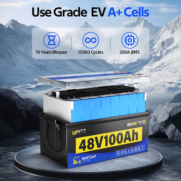 high-quality cells of WattCycle 48V 100Ah Lithium Golf Cart Battery with Bluetooth