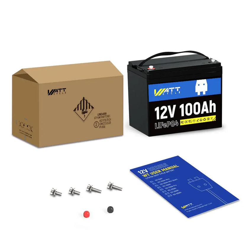 package content of WattCycle 12V 100Ah Deep Cycle LiFePO4 Battery