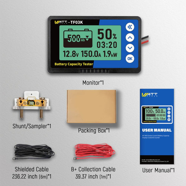 package content of WattCycle 500A battery monitor with shunt